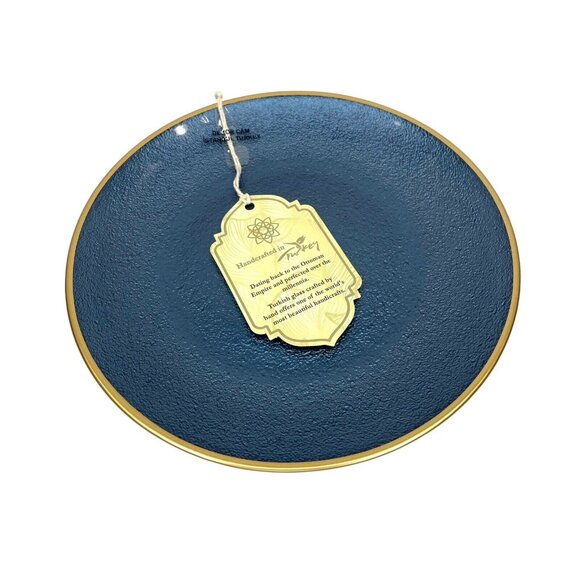 Turkish Glass 4 Salad Dessert Plates Set Blue Texture Gold Rim 8.25" NWT - Picture 10 of 11